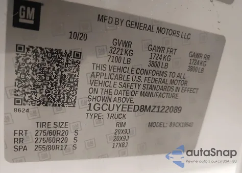 2021 Chevrolet Silverado 1500 4Wd Short Bed Rst z USA, uszkodzony, nr VIN 1GCUYEED8MZ122089